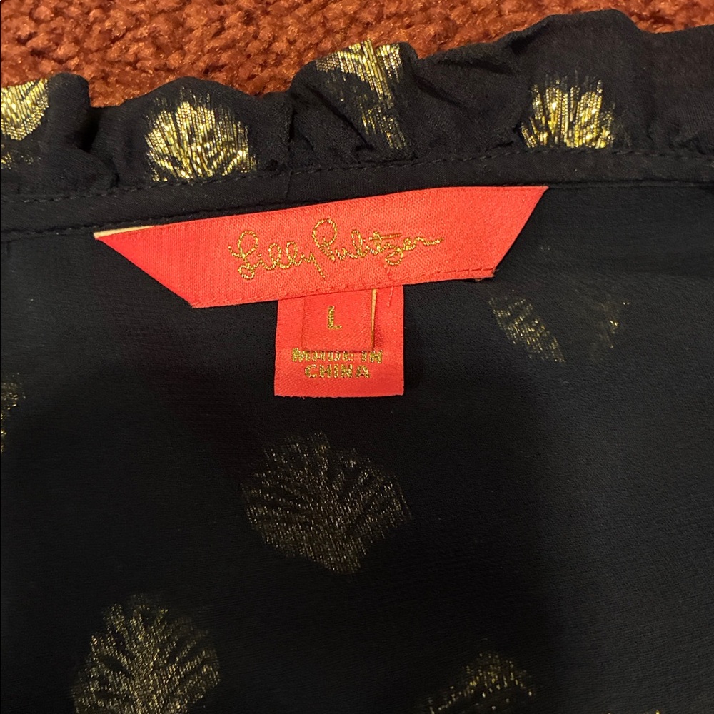 Lilly Pulitzer Navy Top with Metallic Gold Shell Motif - Picture 2 of 3